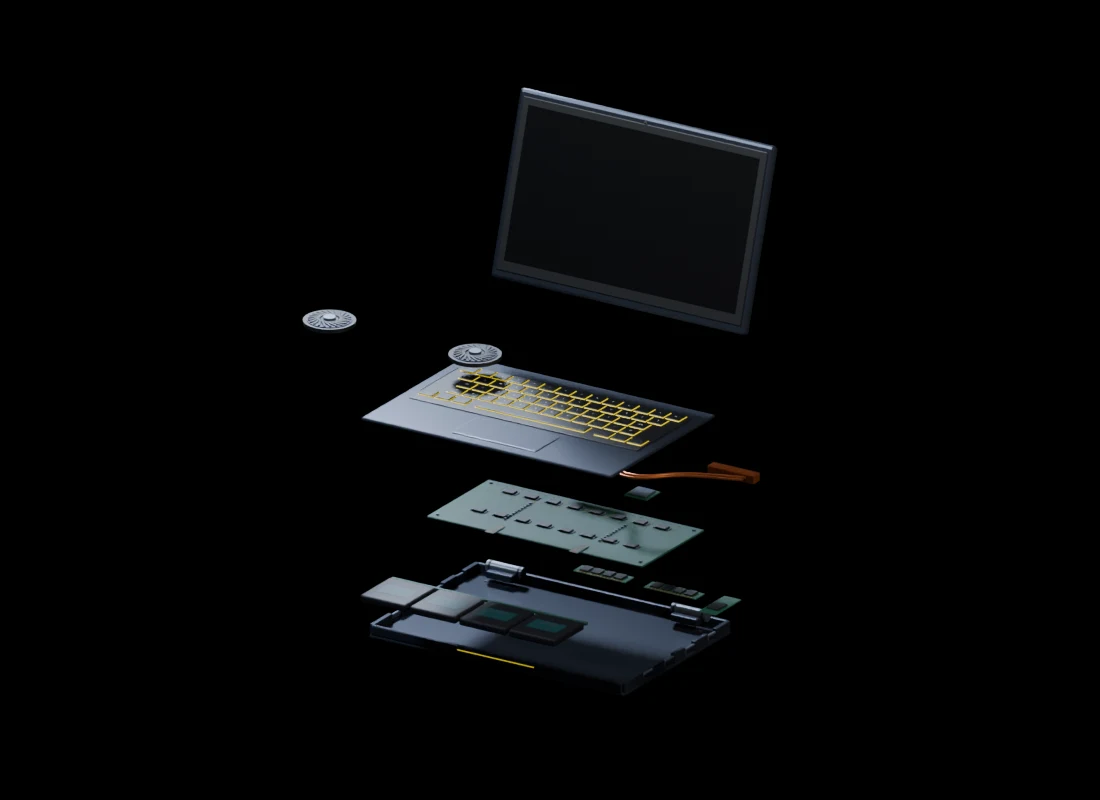 Vista explotada del concepto: pantalla, cubierta con teclado, ventiladores, tubos de cobre, placa, procesador, batería y chasis separados en capas.